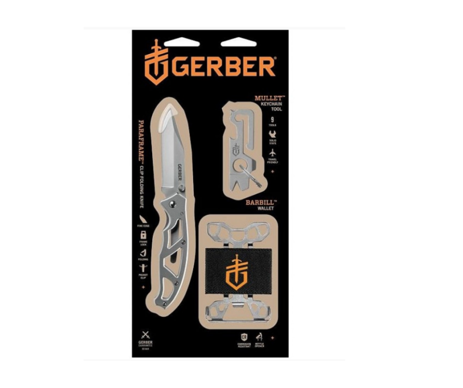 Gerber Paraframe I kniv med Mullet multitool og Barbill wallet