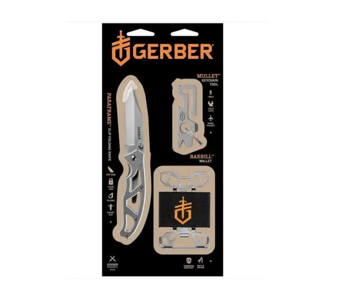 Gerber Paraframe I foldekniv med Mullet keychain tool og Barbill wallet i gavepakke