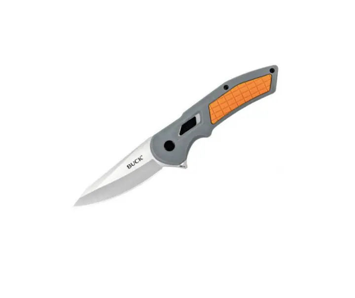 Buck Hexam foldekniv med gråt håndtag og orange grebszone i åben position